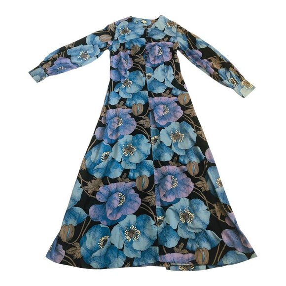 Vintage Long Floral Dress St. Michael Made In Britain 1960s Blue Purple Flowers - Picture 2 of 16